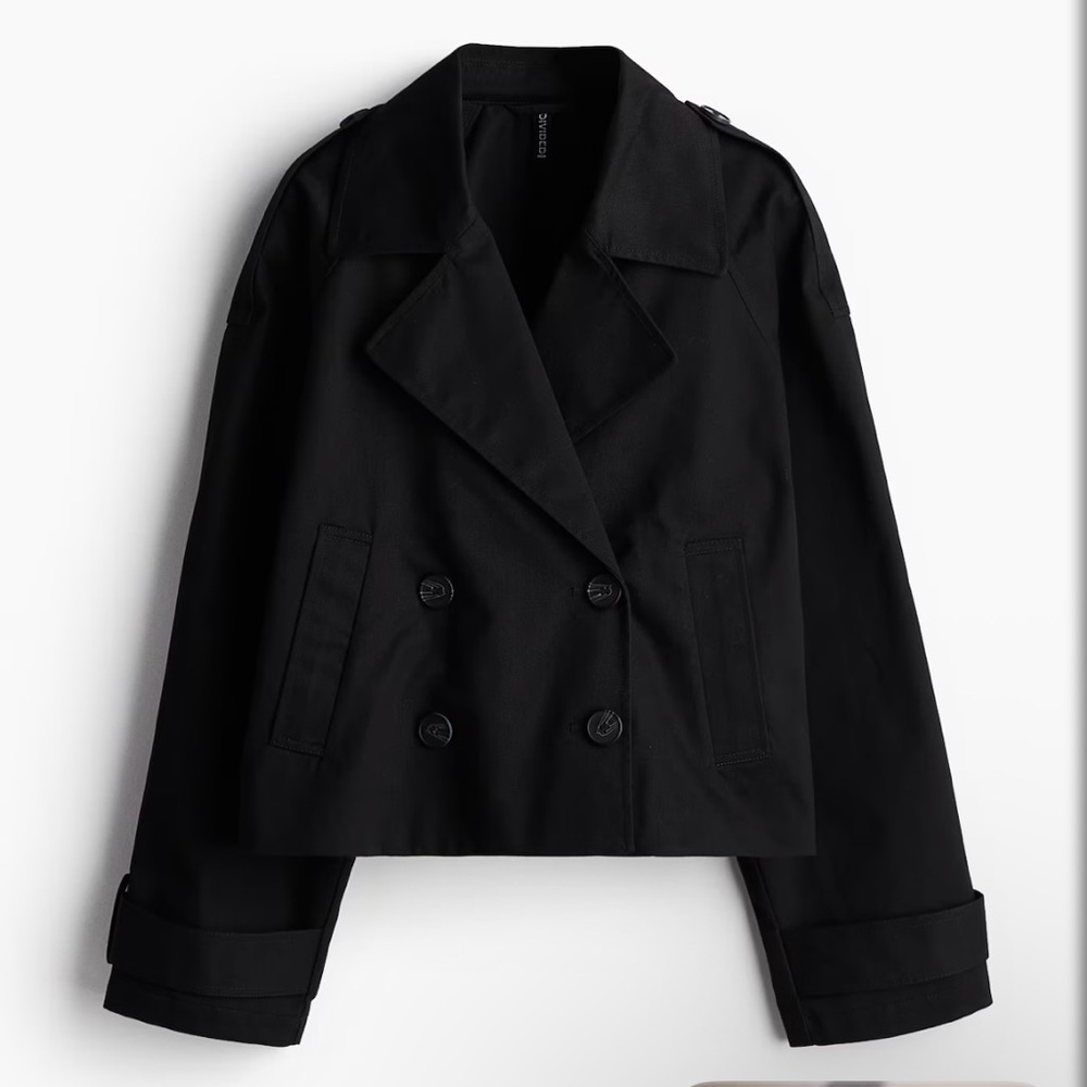 H&M Black Double-Breasted Cropped Trenchoat